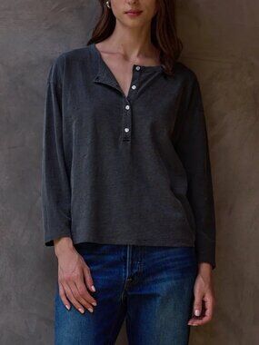 Hazel Boxy Slub Jersey Henley Faded Black NSF Studio